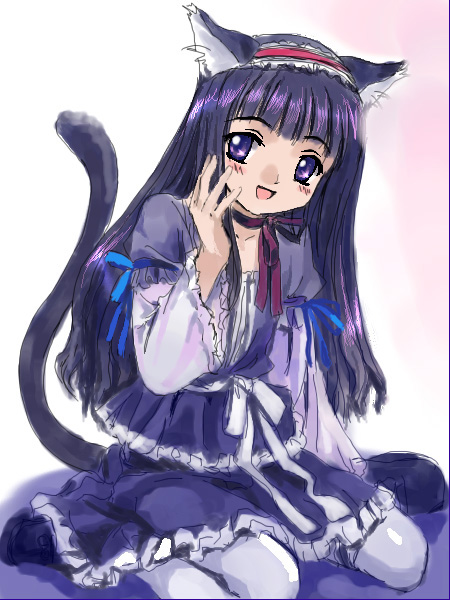 mutsuki (moonknives), daidouji tomoyo, cardcaptor sakura, kodansha, 1990s (style), 1girl, animal ears, blush, cat ears, cat tail, child, female focus, gothic lolita, lolita fashion, looking at viewer, pantyhose, retro artstyle, simple background, sitting, smile, solo, striped blush, tail, wariza