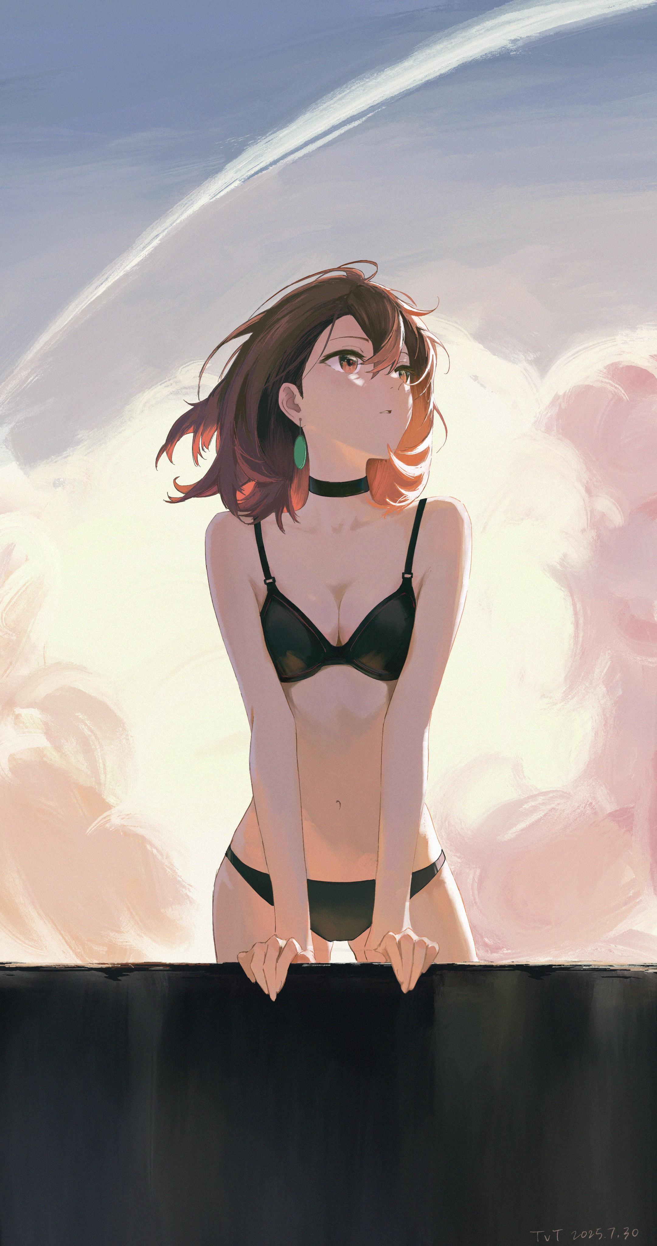 ayase momo, dandadan, absurdres, highres, 1girl, bare arms, bikini, black bikini, black choker, breasts, breasts squeezed together, brown eyes, brown hair, choker, cowboy shot, earrings, floating hair, jewelry, looking up, madamadadaneye, medium breasts, medium hair, navel, outdoors, parted lips, solo, standing, sunset, swimsuit, thigh gap