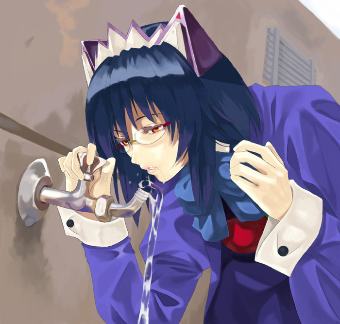 kabocha, kabocha (monkey4), 2k-tan, os-tan, 1girl, black hair, bow, brown eyes, colored eyelashes, faucet, female focus, glasses, hairband, long hair, long sleeves, ribbon, sexually suggestive, solo, water