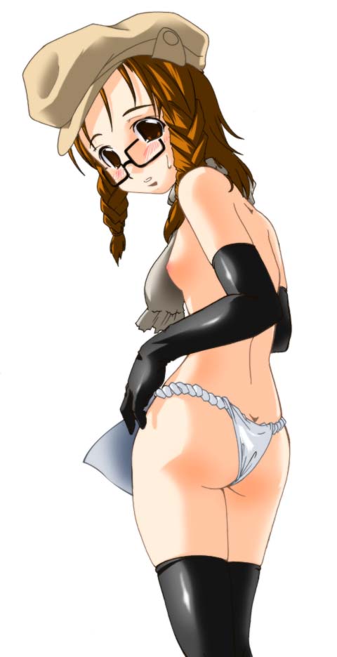 45acp, original, 1girl, ass, bare shoulders, black gloves, black thighhighs, blush, braid, breasts, brown eyes, brown hair, elbow gloves, female focus, flat ass, fundoshi, glasses, gloves, hair over shoulder, hat, japanese clothes, looking back, medium breasts, newsboy cap, nipples, simple background, solo, thighhighs, twin braids, white background
