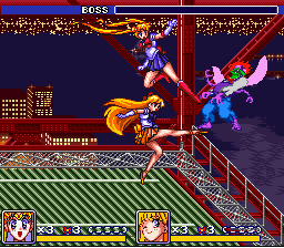aino minako, sailor moon, sailor venus, tsukino usagi, bishoujo senshi sailor moon, 1other, 2girls, blonde hair, blue skirt, city, health bar, long hair, multiple girls, night, skirt, twintails, very long hair, yellow skirt
