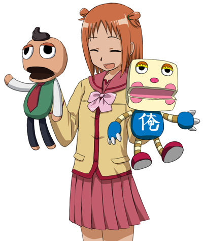 nagian, masuda zigorow, pucchan, randou rino, gokujou seitokai, lowres, 00s, 1girl, bow, doll, female focus, pink bow, pleated skirt, puppet, school uniform, serafuku, simple background, skirt, solo, split mouth, white background