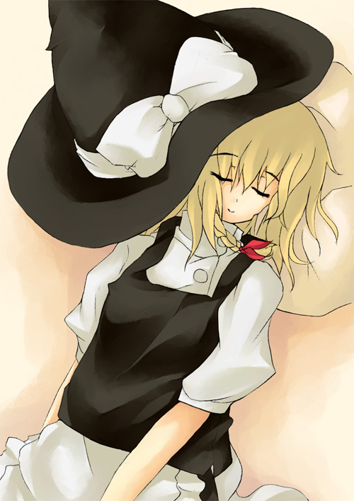 nakamura kusata, kirisame marisa, touhou, 1girl, black hat, blonde hair, braid, closed eyes, dress, female focus, hair ribbon, hat, lying, on back, ribbon, side braid, sleeping, solo, tress ribbon, witch, witch hat