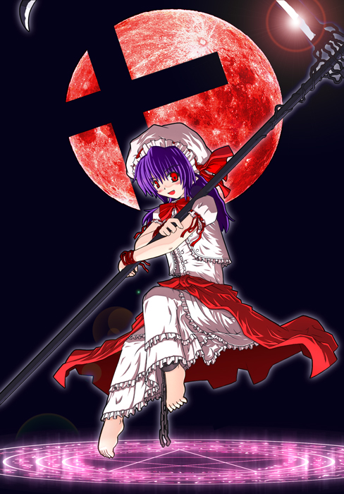 etogami kazuya, remilia scarlet, touhou, 1girl, alternate hair length, alternate hairstyle, barefoot, broken, broken chain, chain, cross, dress, feet, female focus, full moon, hat, hat ribbon, long hair, magic circle, mob cap, moon, no wings, pointy ears, purple hair, red eyes, red moon, ribbon, scythe, solo, weapon