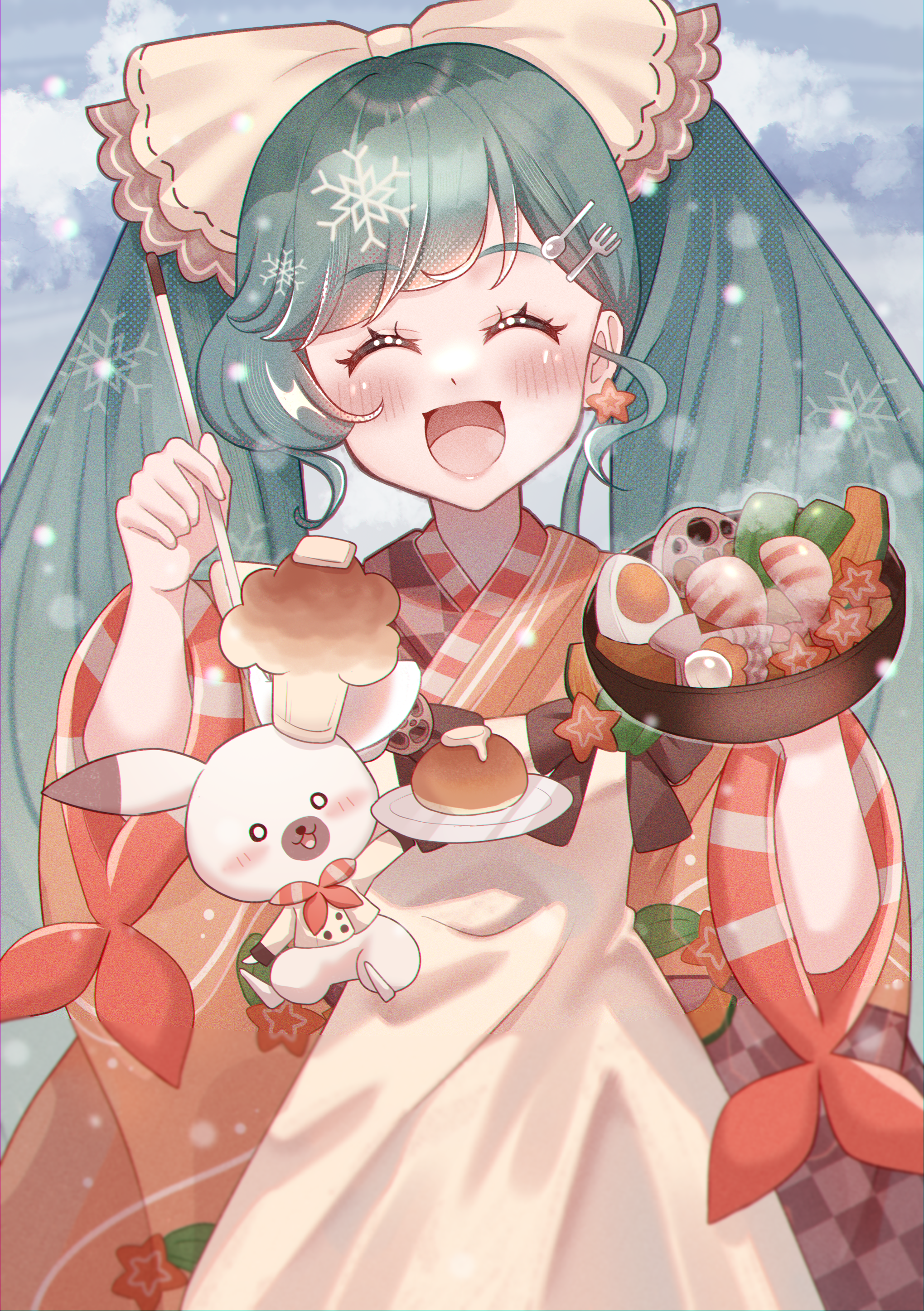 asteroid stella, hatsune miku, rabbit yukine, yuki miku, yuki miku (2024), vocaloid, absurdres, highres, 1girl, 1other, apron, blush, bow, chef hat, closed eyes, earrings, egg (food), food, fork hair ornament, green hair, hair bow, hair ornament, hat, holding, holding ladle, japanese clothes, jewelry, kimono, ladle, long hair, mini chef hat, official alternate costume, official alternate hairstyle, open mouth, orange kimono, rabbit, shrimp, smile, soup, soup ladle, spoon hair ornament, twintails, very long hair, white apron, white bow