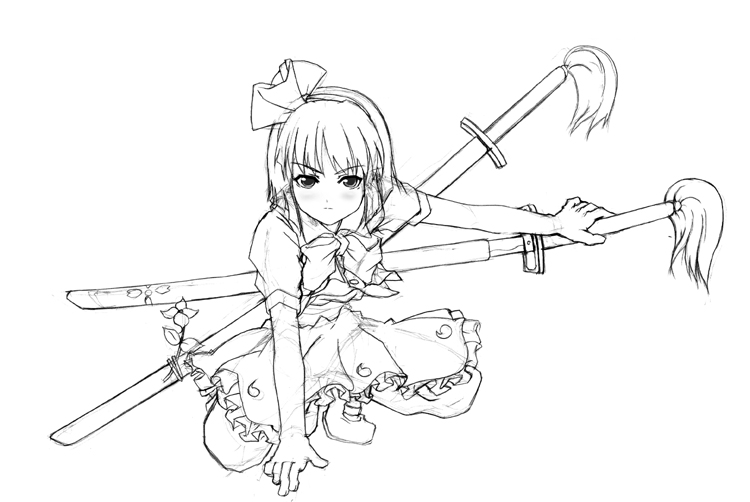 date (senpen), konpaku youmu, touhou, 1girl, female focus, greyscale, katana, lineart, looking at viewer, monochrome, sheath, sheathed, sketch, solo, squatting, sword, weapon