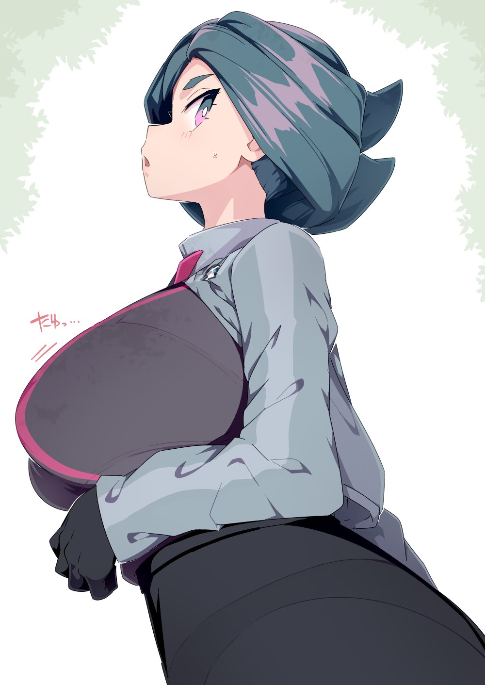 tottotonero, nintendo, pokemon, character request, copyright request, highres, bra visible through clothes, breasts, from side, gloves, green eyes, green hair, jacket, large breasts, long hair, looking at viewer, mature female, open mouth, panties visible through clothes, pink eyes, see-through clothes, skirt, sweatdrop, white background