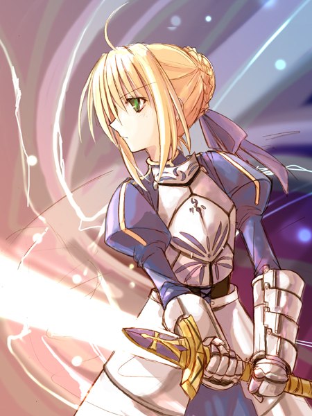 kotonemaru, artoria pendragon (fate), saber (fate), fate/stay night, fate (series), 00s, 1girl, ahoge, armor, armored dress, blonde hair, braid, braided bun, dress, excalibur (fate/stay night), female focus, gauntlets, glowing, glowing sword, glowing weapon, green eyes, hair bun, hair ribbon, puffy sleeves, ribbon, solo, sword, weapon