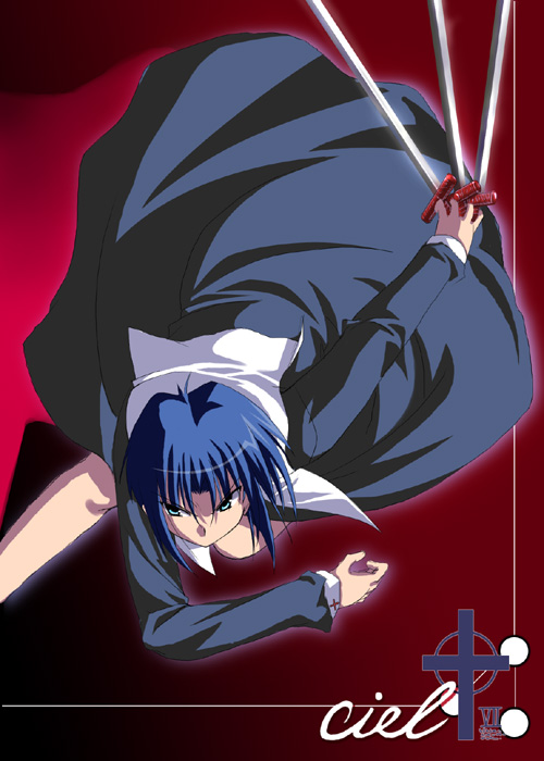 zono (rinkara-sou), ciel (tsukihime), tsukihime, 00s, 1girl, between fingers, black keys (type-moon), blue hair, character name, female focus, green eyes, holding, multiple swords, solo, sword, weapon