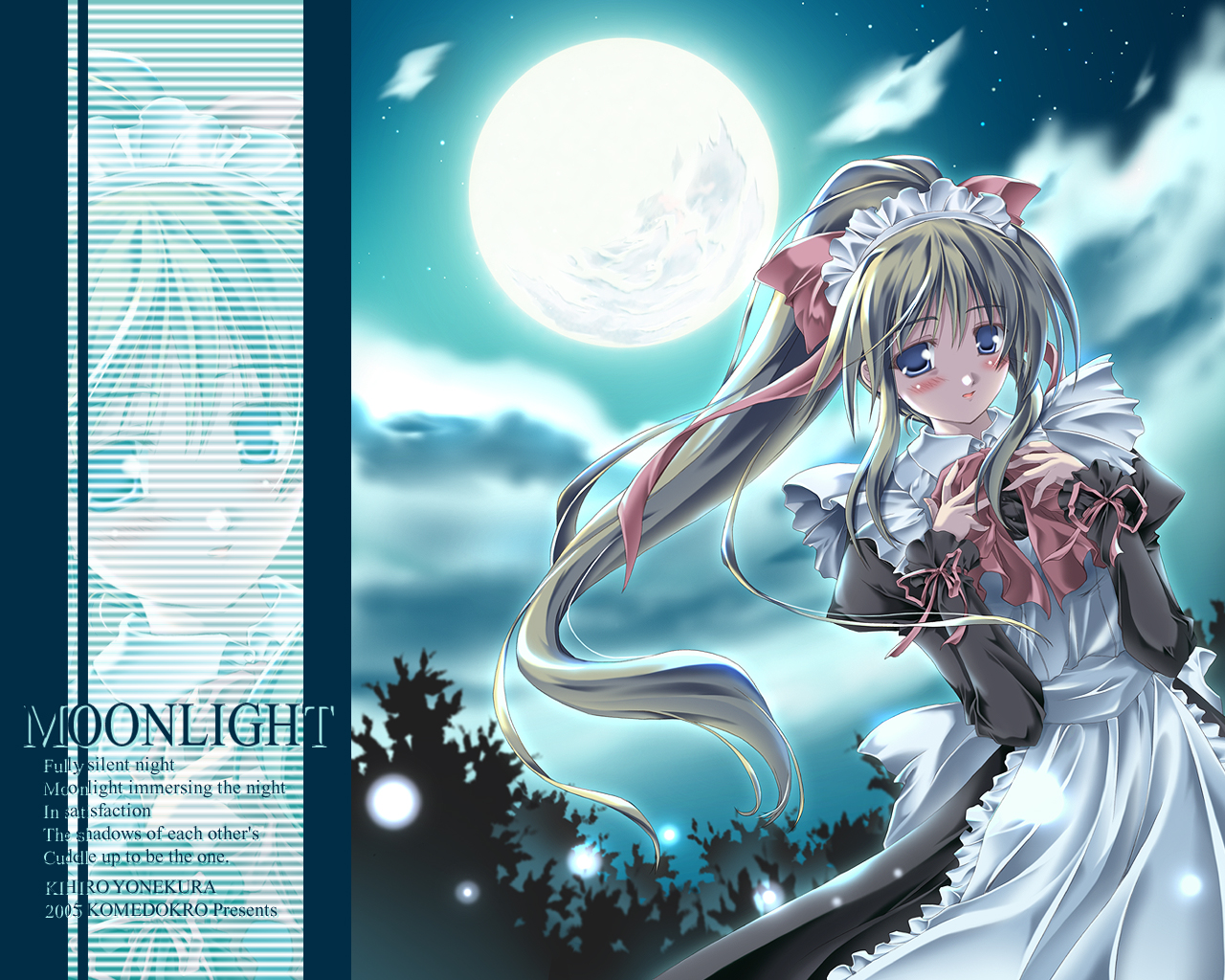 yonekura kihiro, original, 1girl, blush, cloud, english text, female focus, full moon, long hair, maid, moon, ponytail, sky, solo