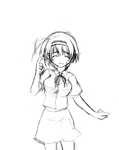 kagura tsukune, yoshioka chie, to heart (series), to heart 2, lowres, 00s, 1girl, closed eyes, cowboy shot, female focus, greyscale, hairband, monochrome, open mouth, short hair, simple background, sketch, skirt, solo, sweatdrop, white background