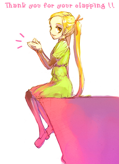 neko8, original, 1girl, black pantyhose, blonde hair, clapping, dress, female focus, long hair, looking at viewer, pantyhose, ponytail, sitting, solo, webclap, yellow eyes