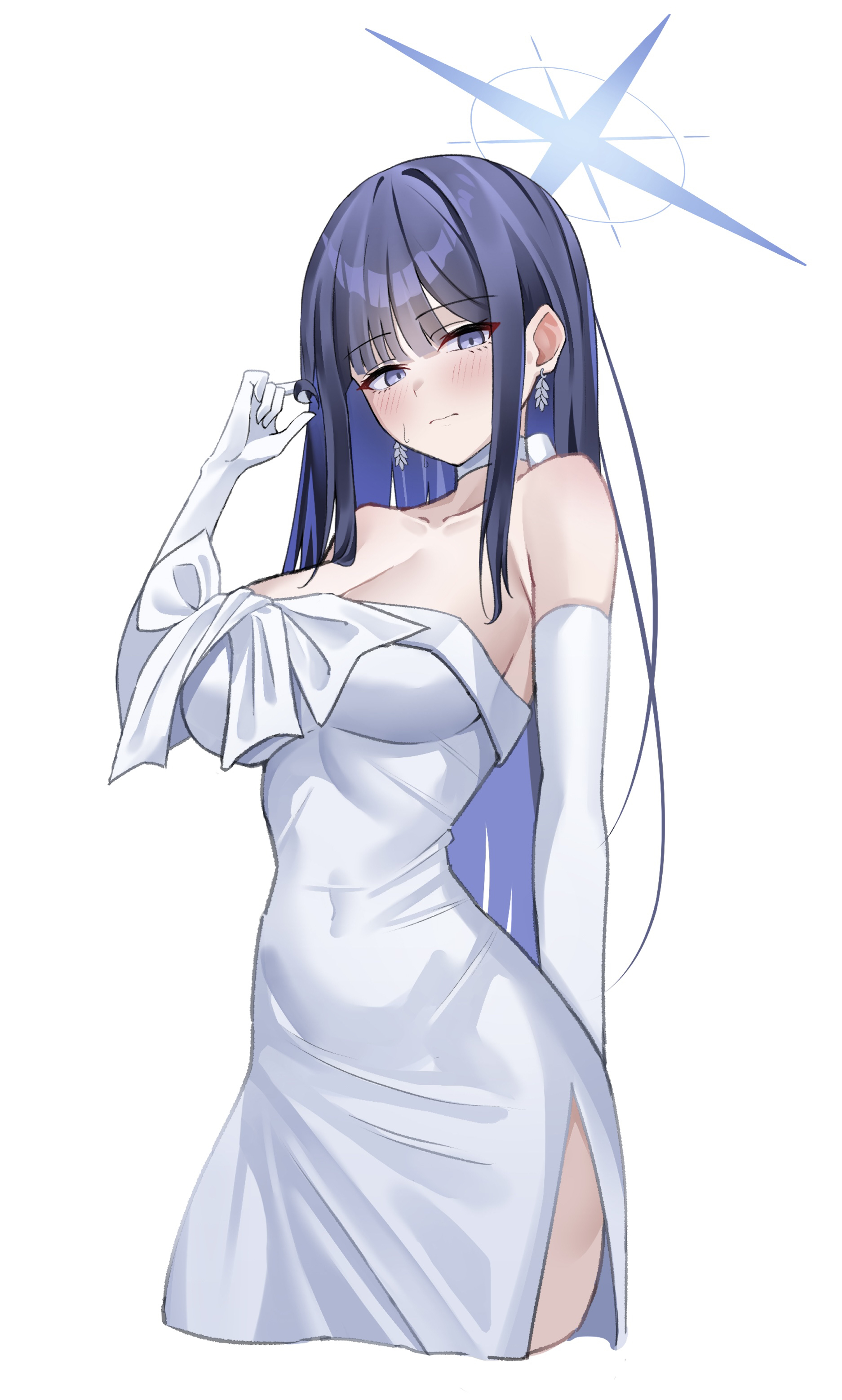 uyufuzi s, saori (blue archive), saori (dress) (blue archive), blue archive, absurdres, highres, 1girl, bare shoulders, blue eyes, blue hair, blue halo, blush, choker, closed mouth, dress, earrings, elbow gloves, gloves, halo, jewelry, looking at viewer, official alternate costume, sleeveless, sleeveless dress, solo, strapless, strapless dress, sweatdrop, white choker, white dress, white gloves