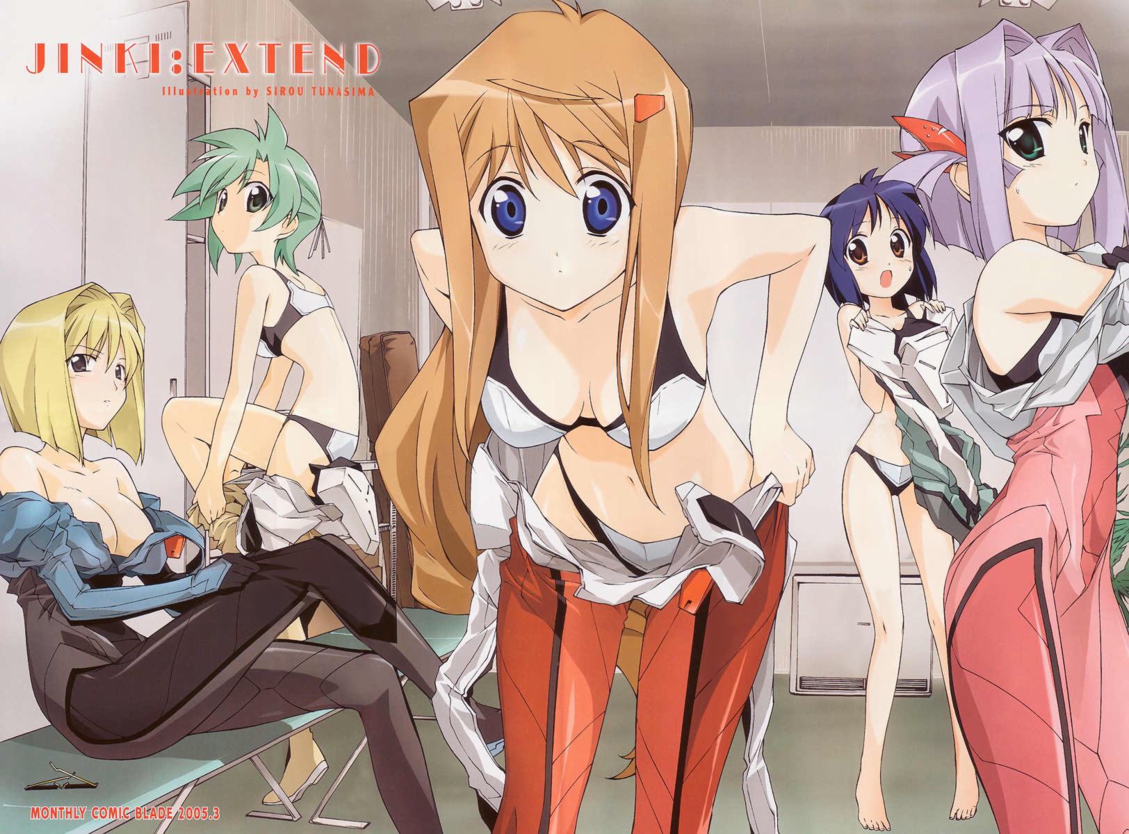 tsunashima shirou, elnie tachibana, hiiragi akao, kawamoto satsuki, kousaka rui, mel j vanette, jinki, light purple hair, highres, 00s, 2005, 5girls, :<, :/, :o, artist name, barefoot, black bodysuit, blonde hair, blue eyes, blue hair, blush, bodysuit, bra, breasts, brown eyes, brown hair, cleavage, collarbone, copyright name, covering privates, dated, english text, glasses, green eyes, green hair, grey eyes, hair intakes, hair ornament, hairclip, indoors, leaning forward, leg lift, lingerie, locker, long hair, looking at viewer, medium breasts, multiple girls, navel, no bra, panties, parted lips, purple hair, short hair, sitting, standing, surprised, sweatdrop, underwear, underwear only, undressing, unworn eyewear, very long hair