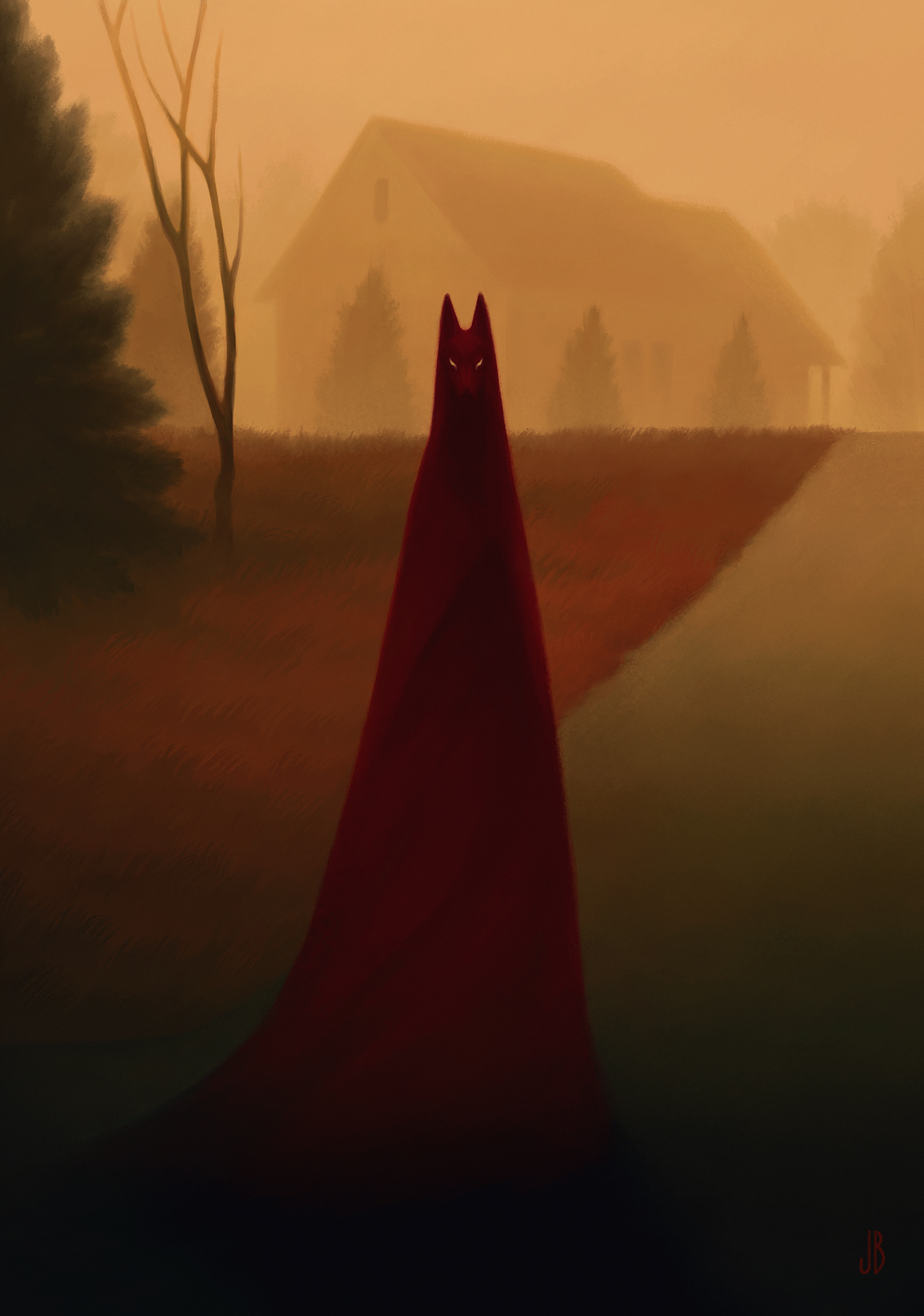 dappermouth, haze, original, absurdres, commentary, english commentary, highres, analogous colors, animal, bare tree, blank eyes, building, cloak, dark, dog, evening, field, fog, full body, grass, hill, horror (theme), house, looking at viewer, monster, narrowed eyes, no humans, outdoors, pine tree, red cloak, red fur, sky, standing, suburb, surreal, tree, warm colored, yellow background, yellow eyes, yellow sky