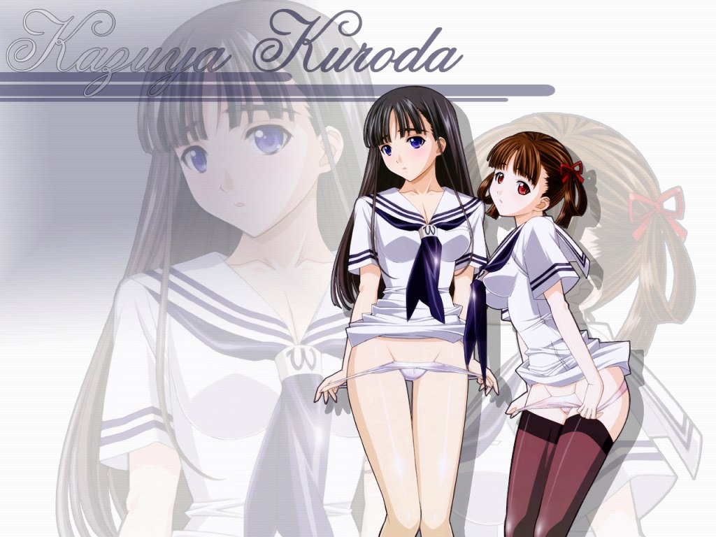 kuroda kazuya, mizushima asa, sorayama natsume, sora no iro mizu no iro, 00s, 2girls, black hair, black thighhighs, blue eyes, brown hair, clothes lift, dress, groin, long hair, multiple girls, panties, panty pull, pink panties, red eyes, red hair, sailor dress, school uniform, serafuku, skirt, skirt lift, thighhighs, twintails, underwear, white panties, zoom layer