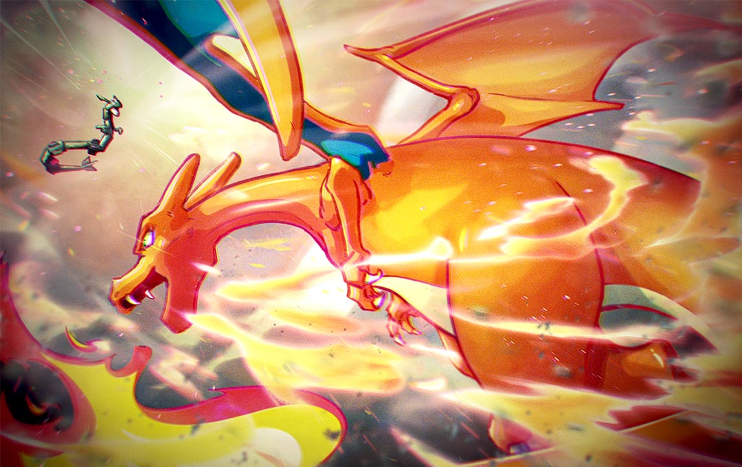 charizard, rayquaza, nintendo, pokemon, pokemon tcg, artist request, second-party source, dragon, dragon wings, fangs, fire, flying, gen 1 pokemon, gen 3 pokemon, legendary pokemon, no humans, open mouth, pokemon (creature), pokemon focus, solo focus, wings