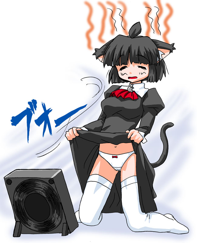 osx, os-tan, 1girl, animal ears, black hair, bow, bow panties, cat ears, cat tail, closed eyes, clothes lift, dress, dress lift, electric fan, fanning crotch, fanning self, female focus, kneeling, navel, panther, panties, skirt, skirt lift, solo, tail, thighhighs, underwear, white panties, white thighhighs