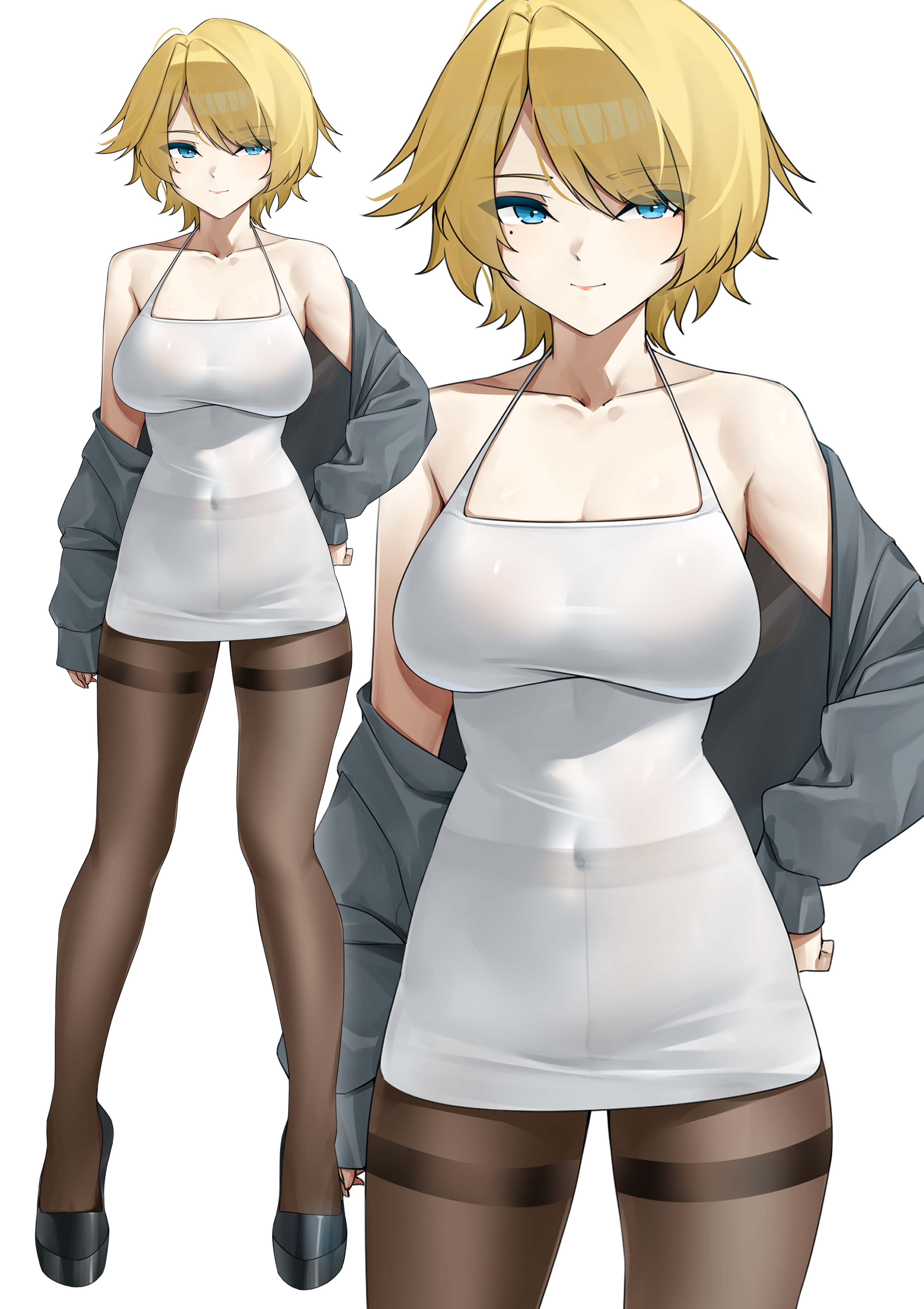 casperrin, nikketa (girls' frontline 2), vsk-94 (girls' frontline), girls' frontline, girls' frontline 2: exilium, absurdres, commentary, highres, official art, 1girl, alternate costume, bare shoulders, black pantyhose, black shoes, blonde hair, blue eyes, breasts, casual, cleavage, closed mouth, collarbone, covered navel, cowboy shot, dress, grey jacket, hair between eyes, hair intakes, hand on own hip, high heels, jacket, large breasts, looking at viewer, mole, mole under eye, pantyhose, see-through clothes, see-through dress, shoes, short hair, sidelocks, simple background, sleeveless, sleeveless dress, standing, thighband pantyhose, tight clothes, tight dress, white background, white dress, zoom layer