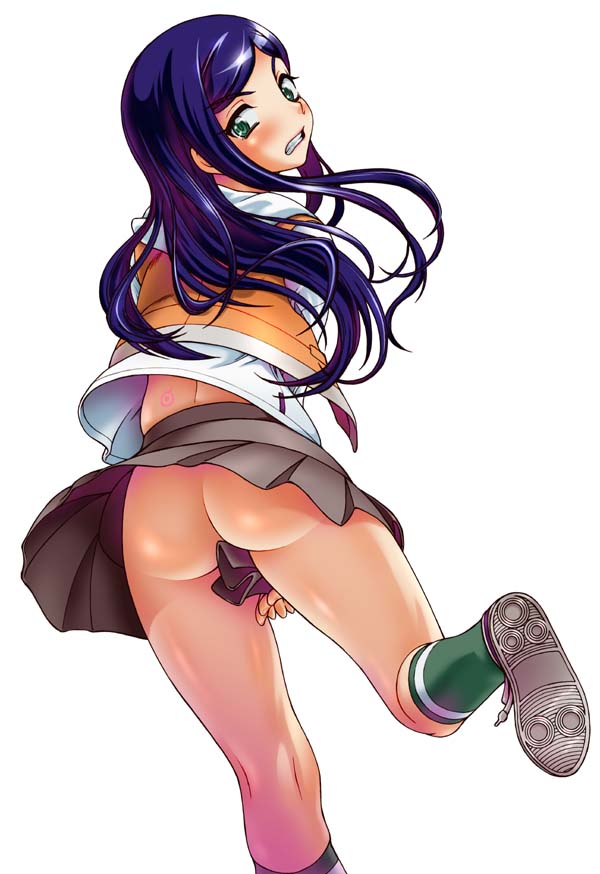 fukudahda, kuga natsuki, my-hime, 00s, 1girl, ass, clothes lift, female focus, green eyes, green socks, kneehighs, kneepits, legs, long hair, miniskirt, no panties, orange shirt, parted bangs, pleated skirt, purple hair, school uniform, serafuku, shirt, simple background, skirt, skirt lift, socks, solo, v-shaped eyebrows, white background