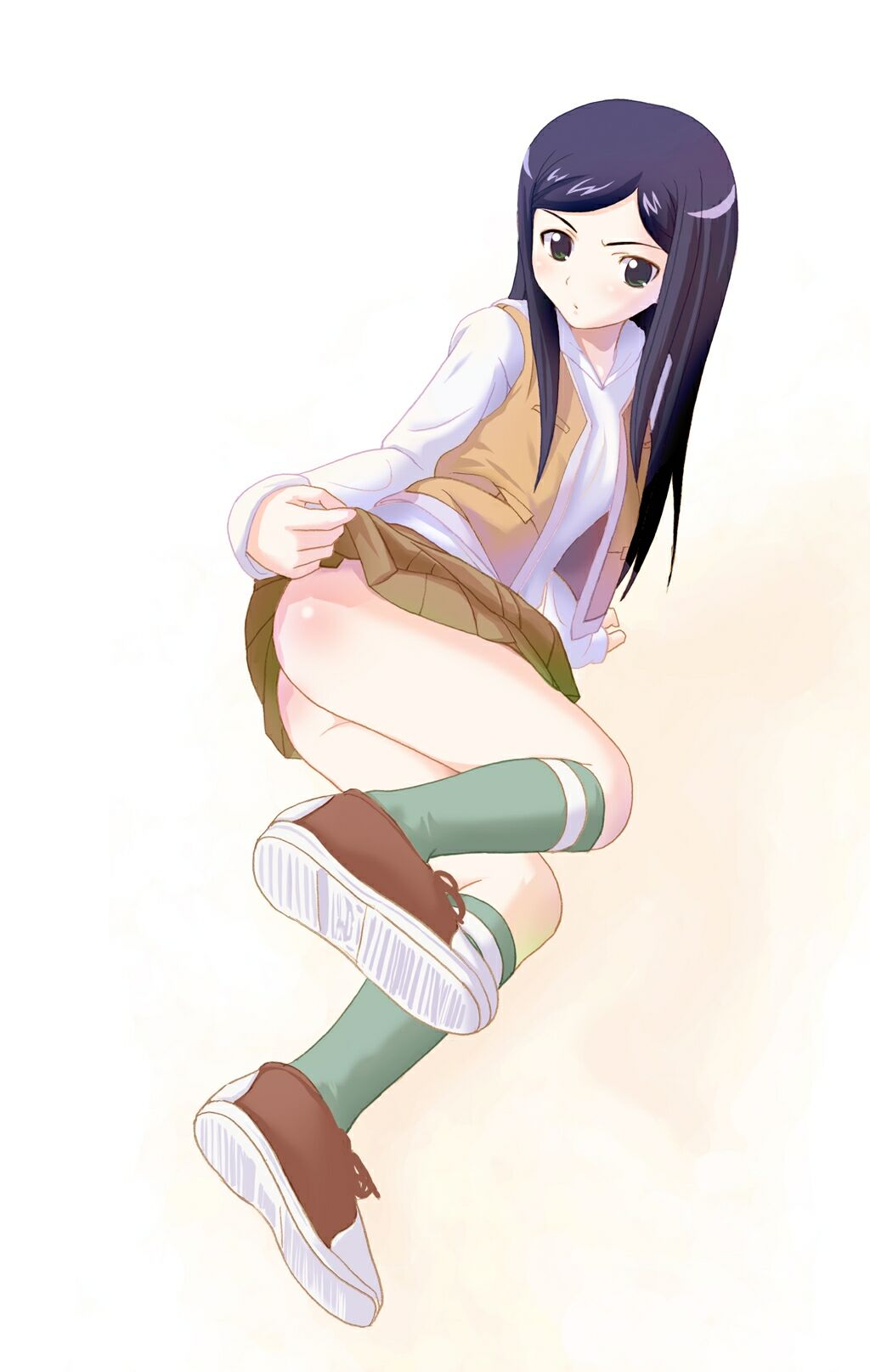 kuga natsuki, my-hime, highres, 00s, 1girl, ass, clothes lift, female focus, kneehighs, lifting own clothes, no panties, pleated skirt, school uniform, shoe soles, shoes, skirt, skirt lift, sneakers, socks, solo