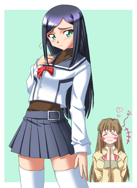 nekono matatabi, fujino shizuru, kuga natsuki, my-hime, 00s, 2girls, :3, = =, black hair, blush stickers, border, green eyes, heart, long hair, multiple girls, no nose, outside border, pleated skirt, ribbon, school uniform, serafuku, skirt, thighhighs, white thighhighs, zettai ryouiki
