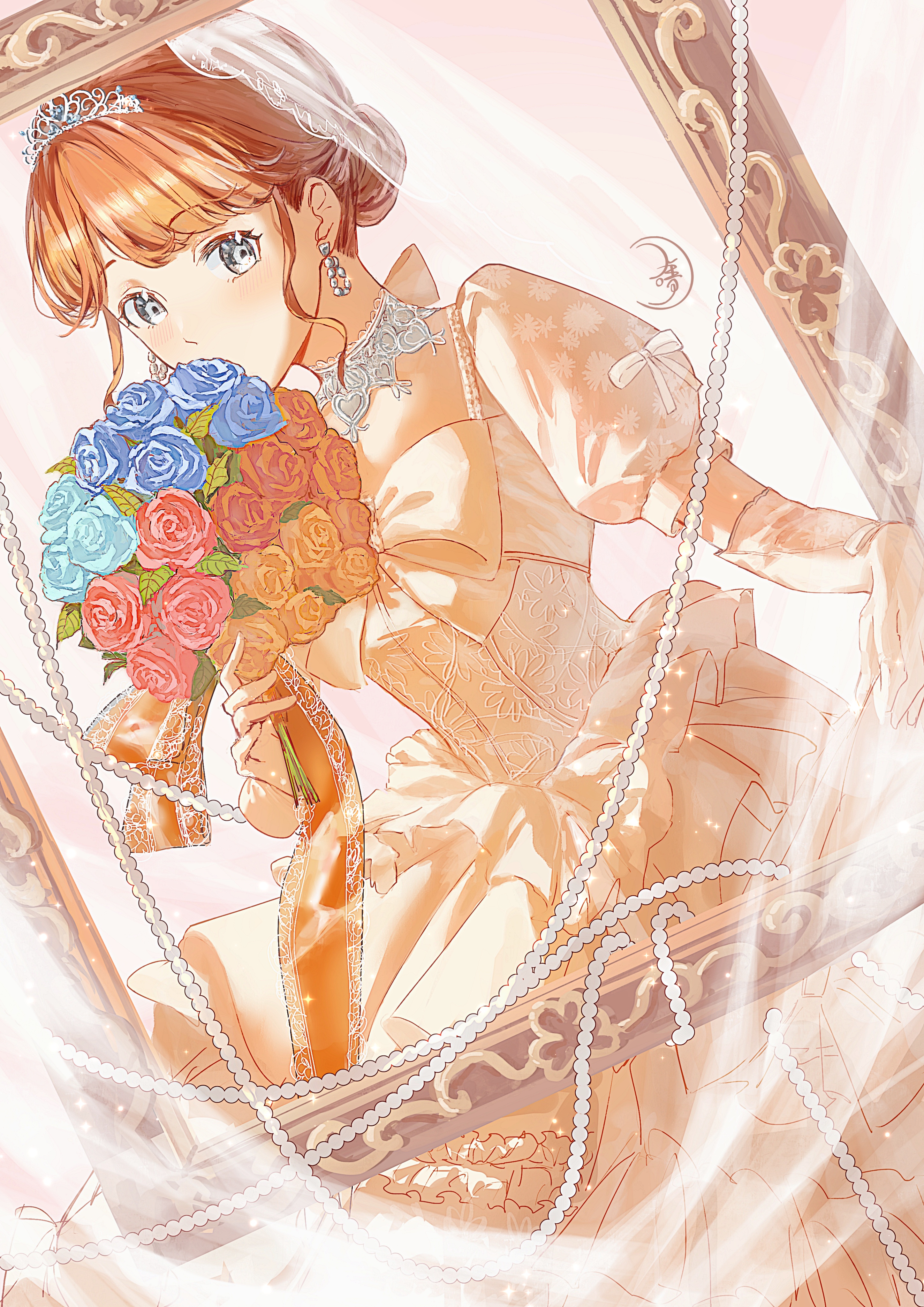 qunqingyue, hanasato minori, project sekai, absurdres, highres, 1girl, blue flower, blue rose, bouquet, bow, brown hair, choker, dress, dutch angle, earrings, elbow gloves, flower, gloves, grey eyes, hair bun, holding, holding bouquet, jewelry, layered dress, looking at viewer, orange bow, orange flower, orange rose, red flower, red rose, rose, short hair, short sleeves, sidelocks, skirt hold, solo, wedding dress, white choker, white dress, white gloves