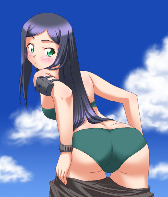 nekono matatabi, kuga natsuki, my-hime, 00s, ass, bikini, black hair, blush, cloud, day, green bikini, green eyes, long hair, solo, swimsuit, undressing