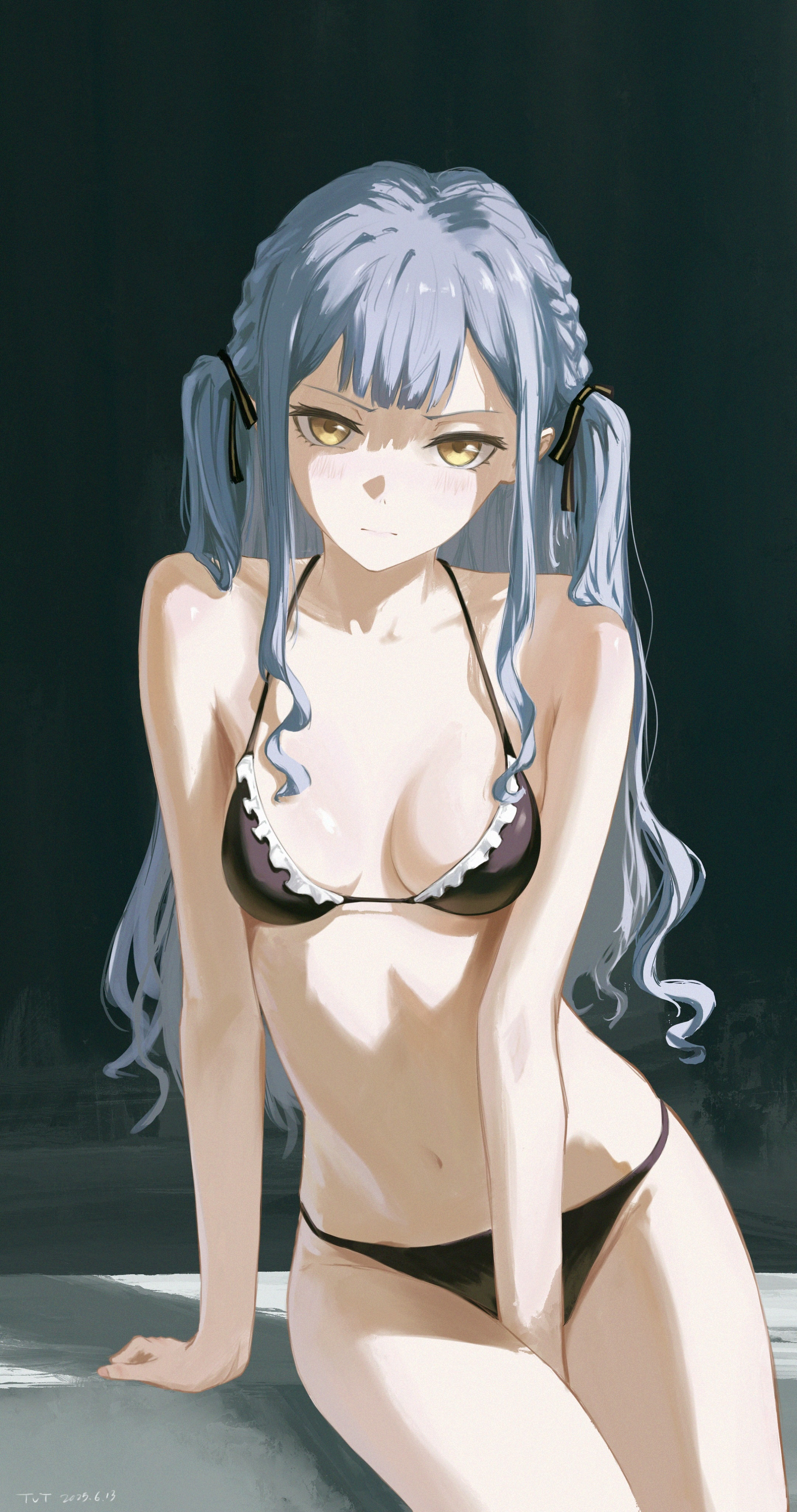 togawa sakiko, bang dream!, bang dream! it's mygo!!!!!, absurdres, highres, 1girl, bare arms, bare legs, between legs, bikini, black bikini, black ribbon, blunt bangs, braid, breasts, cleavage, closed mouth, collarbone, frilled bikini top, grey hair, hair ribbon, halterneck, hand between legs, leaning to the side, long hair, looking at viewer, madamadadaneye, medium breasts, navel, ribbon, sitting, solo, swimsuit, twintails, very long hair, yellow eyes