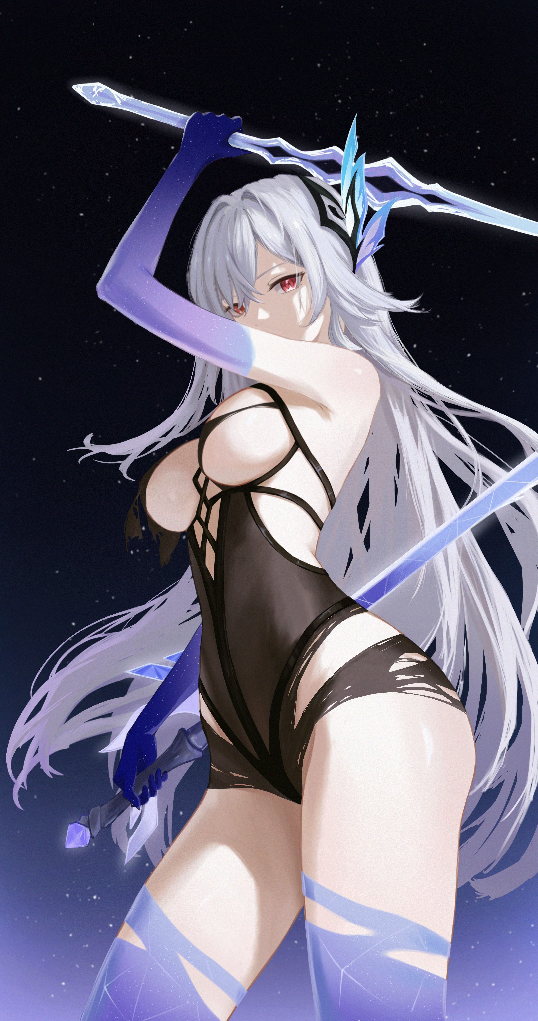 skirk (genshin impact), genshin impact, absurdres, highres, 1girl, arm up, black background, black leotard, blue gloves, breasts, cowboy shot, crossed bangs, dual wielding, floating hair, gloves, gradient background, gradient gloves, grey hair, hair between eyes, hair intakes, holding, holding sword, holding weapon, leotard, long hair, madamadadaneye, medium breasts, purple background, purple gloves, purple thighhighs, red eyes, shiny skin, solo, standing, sword, thighhighs, torn clothes, torn leotard, very long hair, weapon