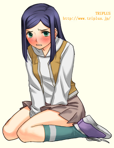 kuga natsuki, my-hime, lowres, 00s, 1girl, between legs, blue hair, blush, female focus, green eyes, hand between legs, imageboard colors, kneeling, leaning forward, school uniform, serafuku, sitting, solo, striped blush, tears, wariza