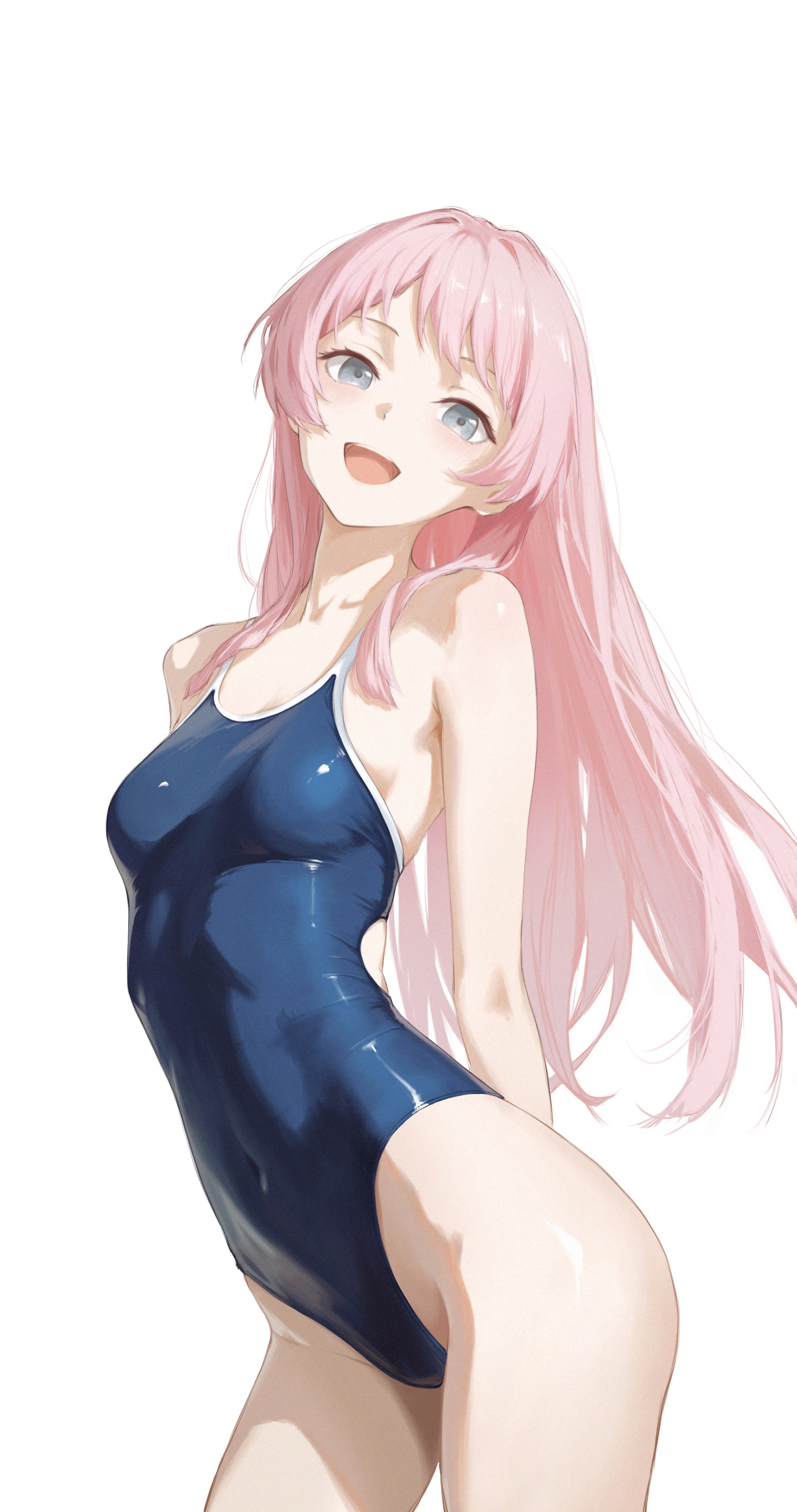 chihaya anon, bang dream!, bang dream! it's mygo!!!!!, absurdres, highres, 1girl, :d, arched back, bare arms, bare legs, blue eyes, blue one-piece swimsuit, breasts, collarbone, cowboy shot, head tilt, highleg, highleg one-piece swimsuit, long hair, looking at viewer, madamadadaneye, one-piece swimsuit, open mouth, pink hair, school swimsuit, shiny skin, simple background, small breasts, smile, solo, standing, straight hair, swimsuit, very long hair, white background