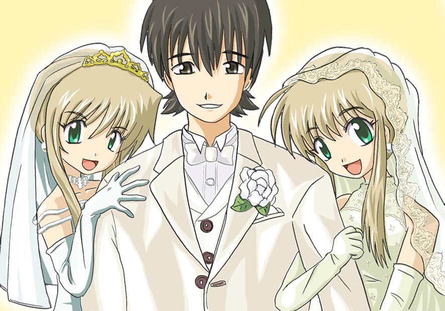 futaba rentarou, shirogane sara, shirogane souju, futakoi, 00s, 1boy, 2girls, bride, dress, gloves, multiple girls, siblings, sisters, twins, wedding dress