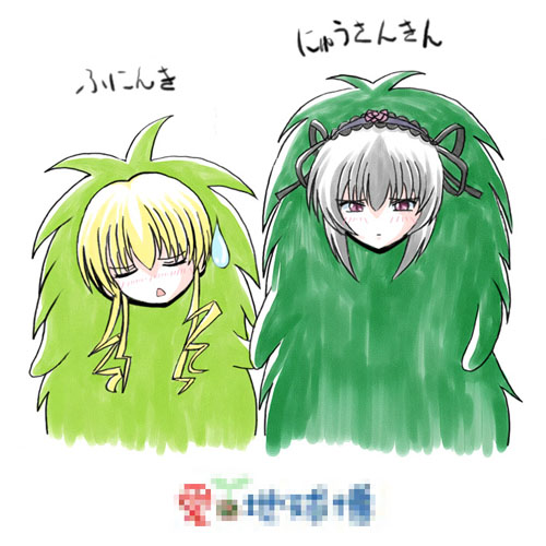 imai kazunari, kiccoro, morizo, shinku, suigintou, rozen maiden, lowres, translated, 2girls, blonde hair, crossover, expo2005, mascot, multiple girls, parody, simple background, text focus, white background