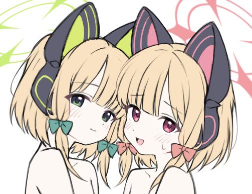 suiran (suiran0111), midori (blue archive), momoi (blue archive), blue archive, 2girls, animal ear headphones, animal ears, blonde hair, blunt bangs, blush, bow, cat ear headphones, cat ears, closed mouth, collarbone, fake animal ears, green bow, green eyes, green halo, hair bow, halo, headphones, heads together, looking at viewer, low-tied sidelocks, multiple girls, nude, open mouth, out-of-frame censoring, parted bangs, pink bow, pink eyes, pink halo, portrait, short hair, siblings, sidelocks, simple background, sisters, smile, sweatdrop, twins, white background