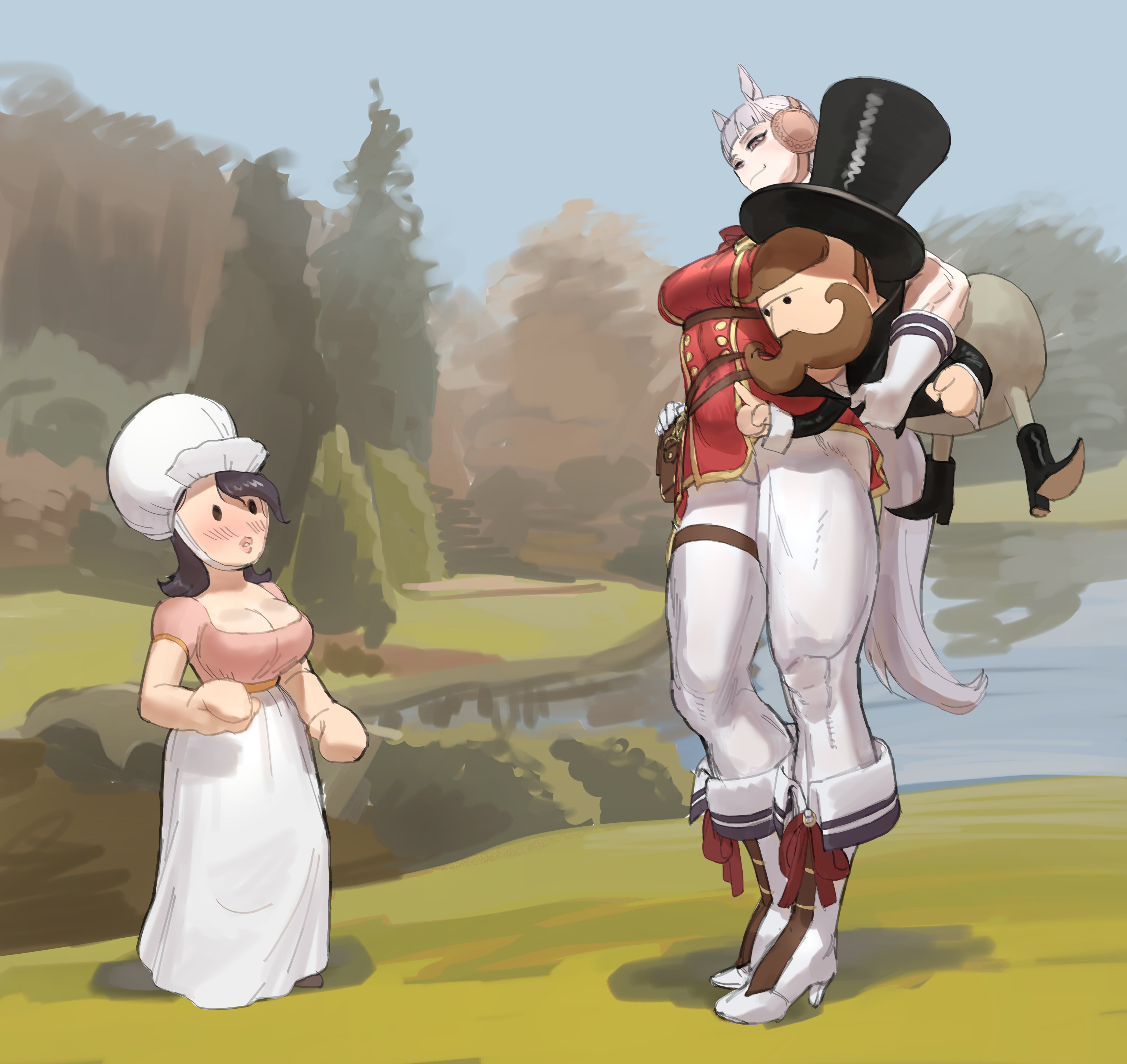 wass nonnam, gold ship (umamusume), umamusume, weebl's stuff, absurdres, highres, 1boy, 2girls, alternate muscle size, animal ears, blunt bangs, blush, bow, breasts, carrying, carrying person, crossover, facial hair, full body, grey hair, height difference, high heels, horse ears, horse girl, horse tail, leggings, long hair, multiple girls, muscular, muscular female, mustache, outdoors, purple eyes, red shirt, shirt, size difference, smile, smug, standing, tail, white hair, white leggings