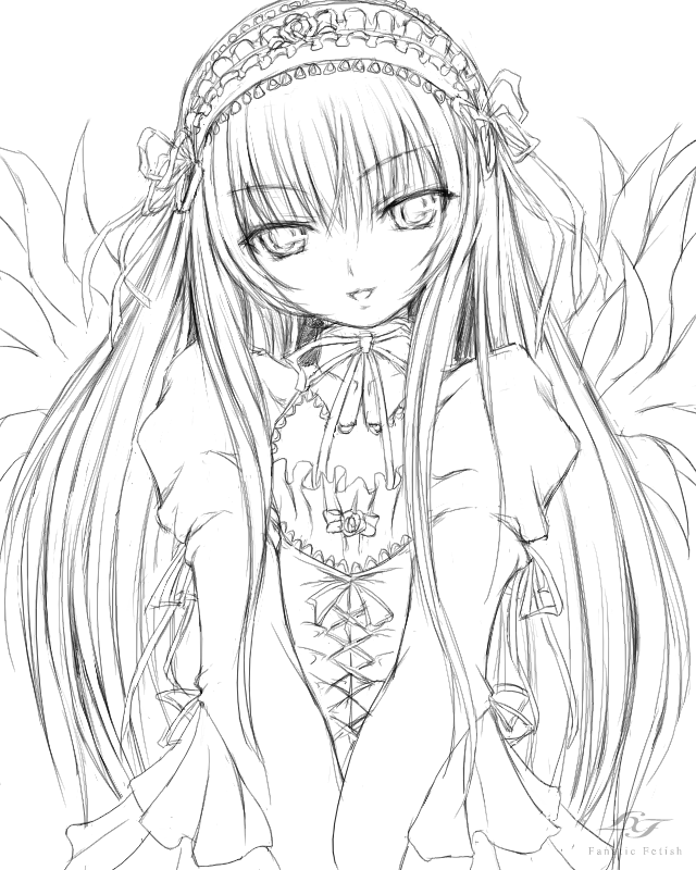fanatic fetish, tsukioka kirio, suigintou, rozen maiden, 00s, 1girl, detached collar, dress, female focus, frills, greyscale, hairband, lineart, long hair, monochrome, smile, solo, v arms, watermark, white background