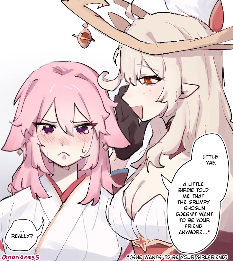 nonons, alice (genshin impact), yae miko, genshin impact, animal ears, bare shoulders, blush, breasts, closed mouth, dress, floppy ears, fox ears, long hair, multiple girls, open mouth, pink hair, purple eyes, simple background, white background