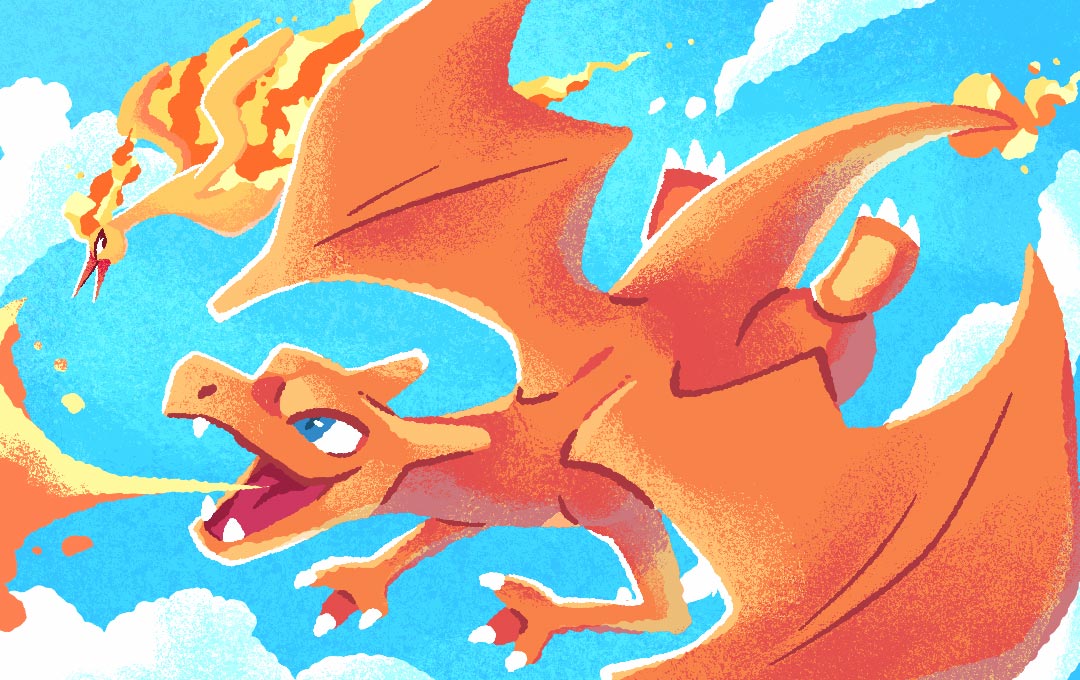 charizard, moltres, nintendo, pokemon, pokemon tcg, second-party source, bird, blue eyes, blue sky, breath weapon, breathing fire, claws, cloud, day, dragon, dragon wings, fangs, fire, flame-tipped tail, flying, gen 1 pokemon, legendary pokemon, mia lloyd, no humans, open mouth, pokemon (creature), pokemon focus, sky, smile, tail, wings