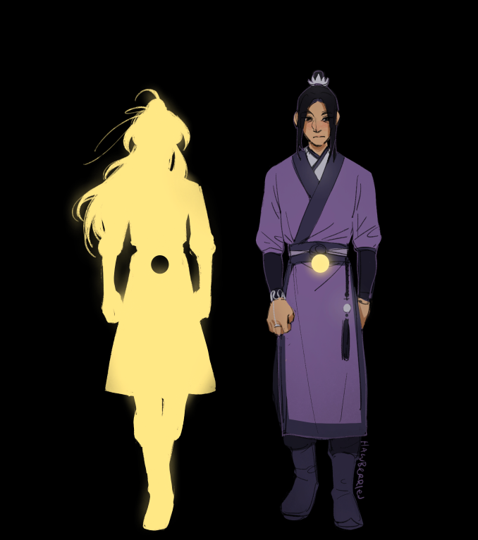 hawberries, jiang cheng, wei wuxian, modao zushi, alt text, commentary, english commentary, spoilers, 2boys, artist name, belt, black background, black eyes, black hair, boots, bracelet, bracer, chinese clothes, closed mouth, flower, frown, full body, golden core, hair flower, hair ornament, hair ribbon, hanfu, high ponytail, hole in stomach, jewelry, long hair, long sleeves, lotus hair ornament, male focus, multiple boys, ponytail, purple belt, purple boots, purple hanfu, purple tunic, ribbon, robe, sidelocks, silhouette, simple background, snake bracelet, standing, symbolism, tassel, topknot, tunic, walking, xiao guan (headdress)