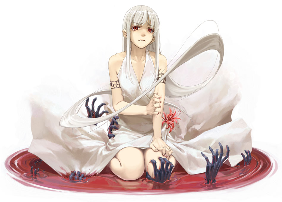 hidari (left side), lafrenze, elysion, sound horizon, 1girl, albino, armband, blood, dress, fang, female focus, flower, full body, long hair, red eyes, red flower, solo, spider lily, tears, white dress, white hair, wind, zombie
