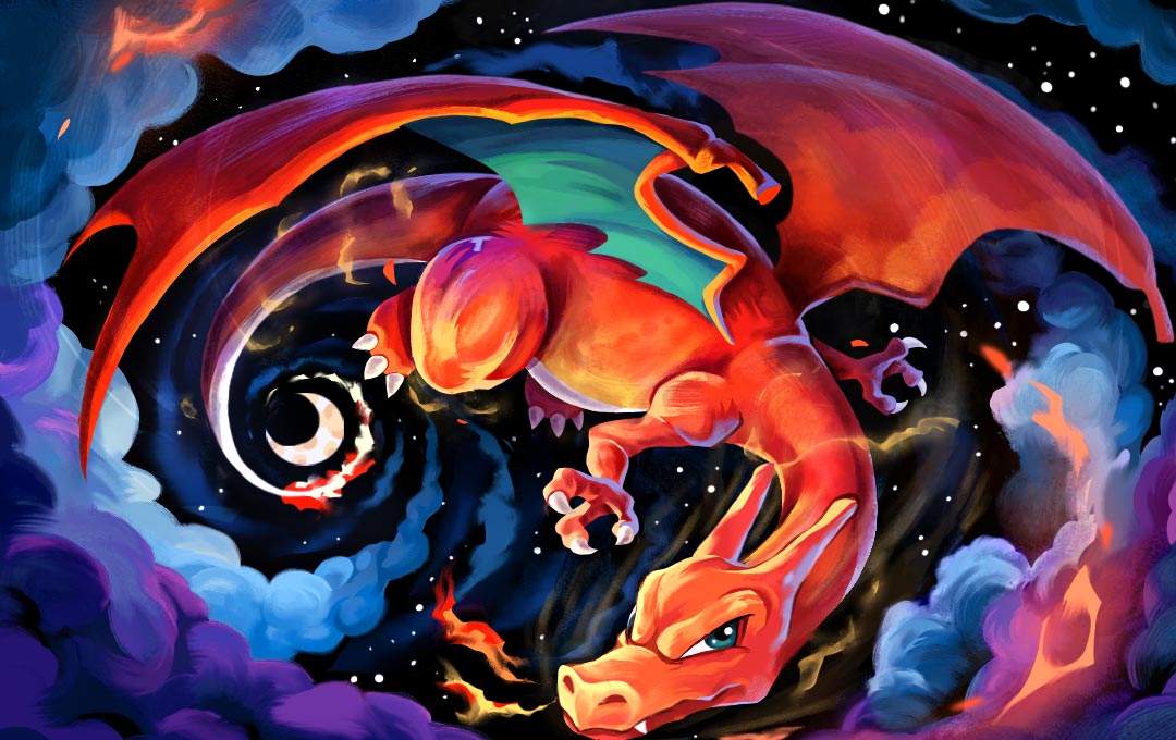 charizard, nintendo, pokemon, pokemon tcg, second-party source, blue eyes, claws, closed mouth, cloud, crescent moon, dragon, dragon wings, fire, flame-tipped tail, flying, full body, gen 1 pokemon, moon, nathan collins, night, no humans, nostrils, pokemon (creature), pokemon focus, sky, solo, star (sky), tail, v-shaped eyes, wings