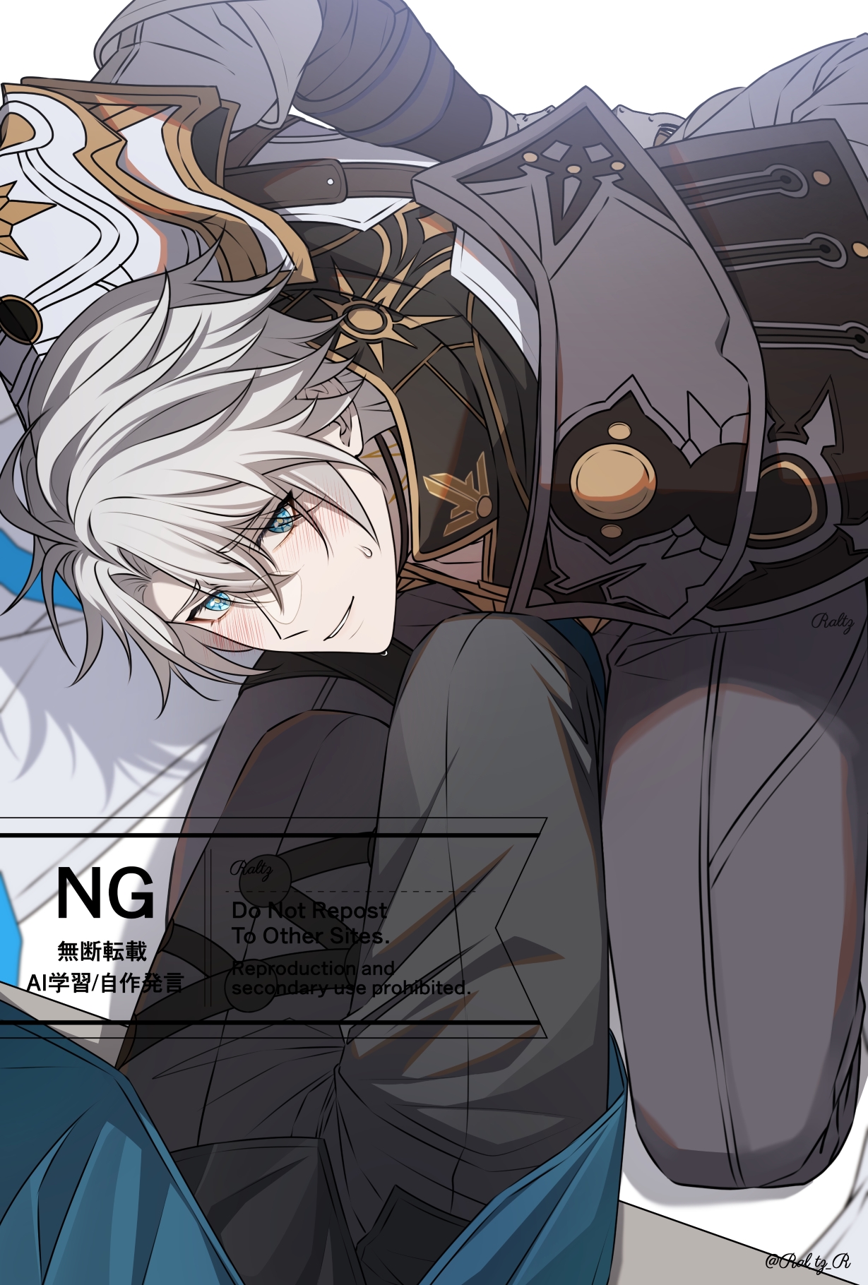 anaxa (honkai: star rail), phainon (honkai: star rail), honkai: star rail, honkai (series), highres, 2boys, armor, belt, black choker, black pants, blue eyes, brown belt, choker, from above, grey hair, light blush, looking at viewer, male focus, multiple boys, pants, pauldrons, ral tz r, short hair, shoulder armor, single pauldron, smile, sweat, teeth, white background, yellow pupils