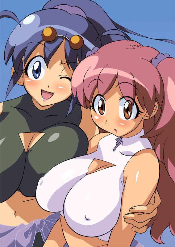 cirima, volvox, hinata aki, hinata natsumi, keroro gunsou, arm grab, 2girls, :o, ;d, age difference, aged up, alternate hairstyle, antenna hair, asymmetrical docking, bikini, black bikini, blue background, blue eyes, blue hair, blush, breast press, breasts, cleavage, cleavage cutout, clothes around waist, clothing cutout, covered erect nipples, crop top, embarrassed, eyewear on head, from side, glasses, halterneck, happy, head tilt, high ponytail, hug, huge breasts, impossible clothes, impossible swimsuit, large breasts, lipstick, long hair, looking at viewer, makeup, mature female, midriff, mother and daughter, multiple girls, navel, one eye closed, open mouth, orange eyes, parted bangs, pince-nez, pink hair, pink lips, ponytail, red lips, ribbon, sarong, scrunchie, shirt, sidelocks, simple background, sleeveless, sleeveless shirt, smile, sports bikini, sunglasses, sweater, sweater around waist, swimsuit, turtleneck, twintails, two side up, unaligned breasts, upper body, wavy hair, white background, white bikini, wink