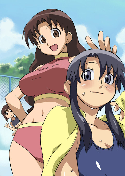 cirima, volvox, kaori (azumanga daioh), kurosawa minamo, tanizaki yukari, azumanga daiou, 3girls, age difference, bikini, black eyes, black hair, blush, breasts, brown eyes, brown hair, chain-link fence, child, cloud, day, fence, hand on own hip, happy, hip focus, large breasts, long hair, multiple girls, navel, one-piece swimsuit, outdoors, peeking, school swimsuit, short hair, sidelocks, sky, smile, sports bikini, swimsuit, tankini, towel, waving, wet