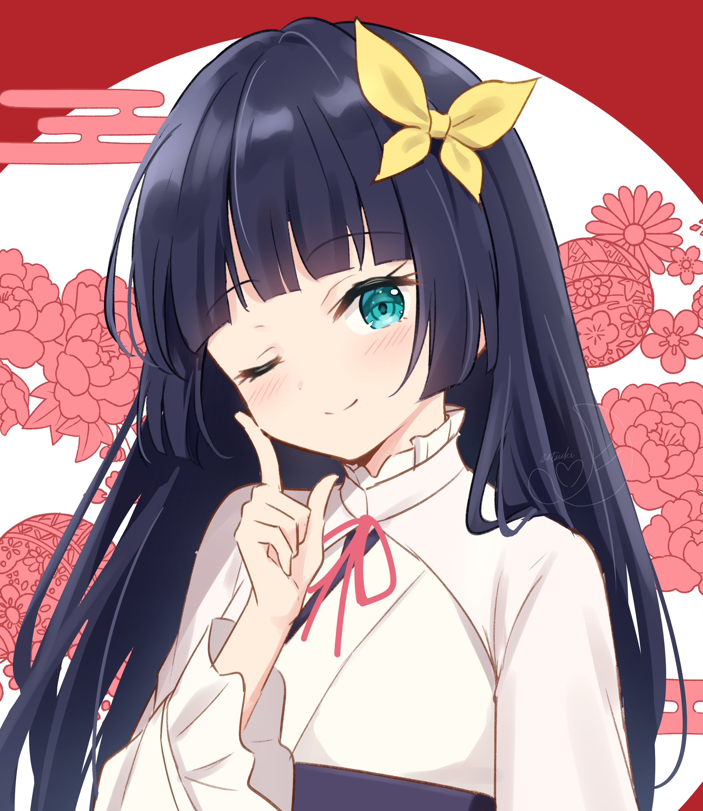hanazora satsuki, ikizulive! love live! bluebird, love live!, absurdres, commentary request, highres, 1girl, ;), black hair, black sash, blue eyes, blunt bangs, blush, bow, closed mouth, egasumi, floral background, frilled sleeves, frills, hair bow, hime cut, index finger raised, japanese clothes, kimono, komagata hanabi, long sleeves, looking at viewer, neck ribbon, obi, one eye closed, red background, red ribbon, ribbon, sash, shrug (clothing), sidelocks, smile, solo, split mouth, upper body, watermark, white kimono, white shrug, yellow bow
