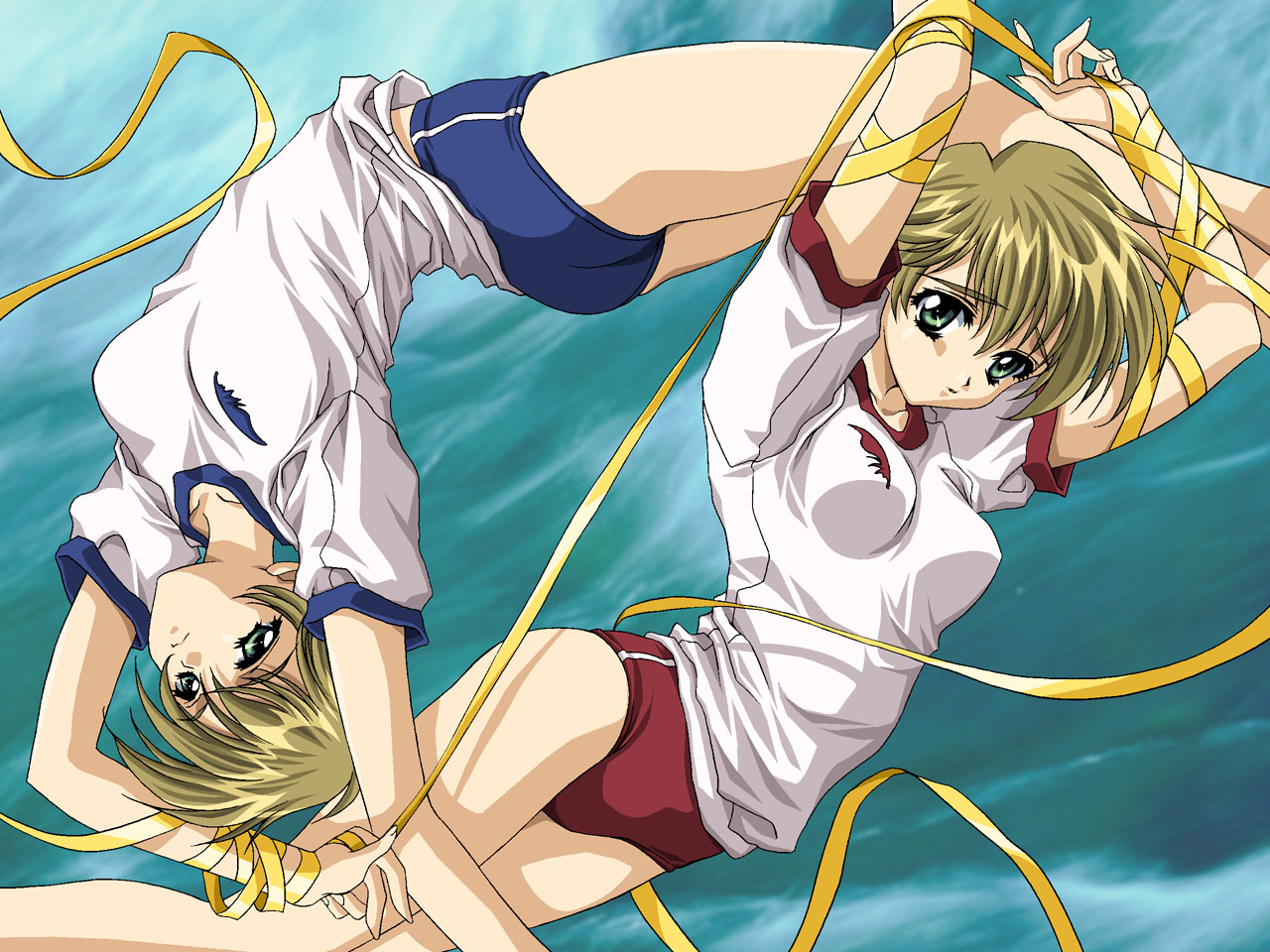 carnelian, ono ikumi, re leaf, official art, official wallpaper, 2girls, androgynous, arched back, arms up, ass, bdsm, blonde hair, bondage, bound, buruma, dual persona, dutch angle, feathers, fingernails, green eyes, gym uniform, legs, long fingernails, multiple girls, ribbon, ribbon bondage, rotational symmetry, short hair