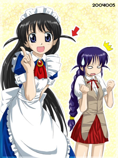 andou mahoro, tsukamoto tenma, mahoromatic, school rumble, 2girls, ^^^, blouse, blue shirt, braid, collared shirt, cosplay, costume switch, cowboy shot, crossover, dated, from side, gem, long hair, looking at viewer, maid, maid headdress, miniskirt, multiple girls, neckerchief, outline, parody, pleated skirt, red gemstone, red neckerchief, school uniform, serafuku, shirt, short twintails, single braid, skirt, standing, star (symbol), star symbol background, surprised, trait connection, twintails, two side up, v-shaped eyebrows, very long hair, white outline, white shirt, yellow background