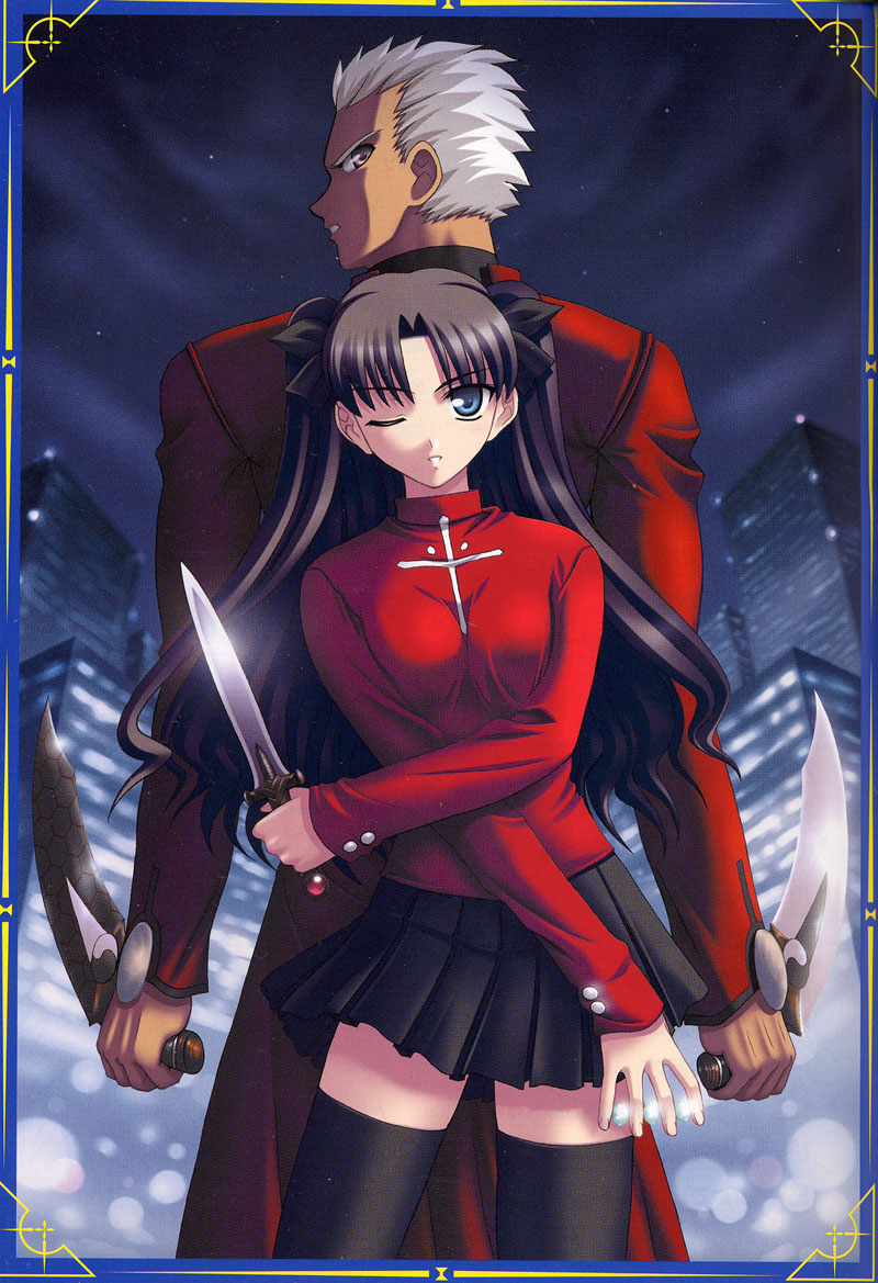 archer (fate), tohsaka rin, fate/stay night, fate (series), tall, 00s, 1boy, 1girl, black thighhighs, dagger, dark-skinned male, dark skin, height difference, kanshou & bakuya (fate), knife, sword, thighhighs, turtleneck, two side up, weapon, zettai ryouiki