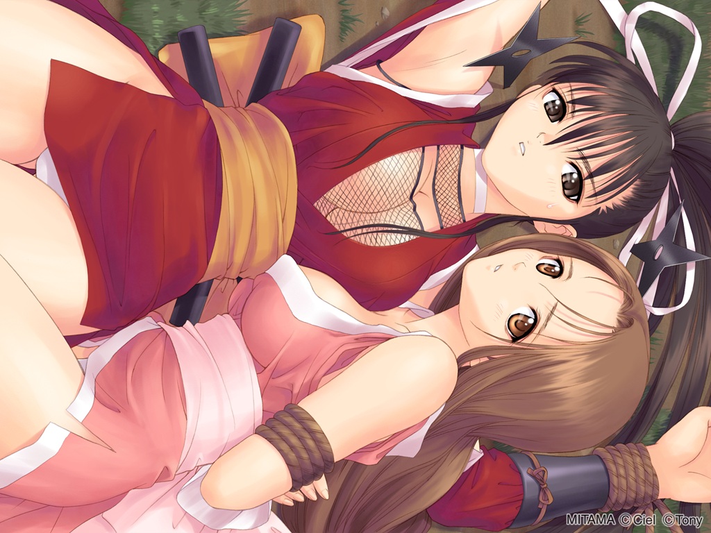 tony taka, ran (mitama ~shinobi~), sarasa (mitama ~shinobi~), mitama ~shinobi~, 2girls, armpits, arms behind back, bdsm, black eyes, black hair, bondage, bound, breasts, brown eyes, brown hair, choker, cleavage, fishnet top, fishnets, hair ribbon, japanese clothes, large breasts, long hair, multiple girls, ninja, no bra, orange eyes, panties, pantyshot, ponytail, ribbon, rope, shuriken, thigh gap, thighs, underwear, weapon, white panties